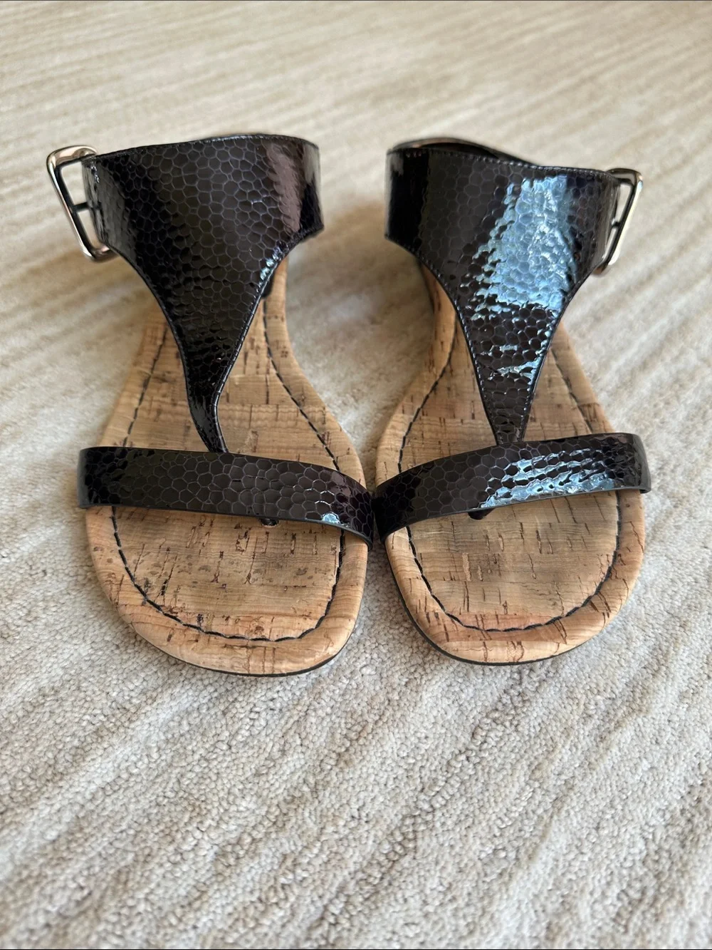 Donald J Pliner Doli Leather Buckle Cork Wedge Sandals Shoes Black Patent 9.5